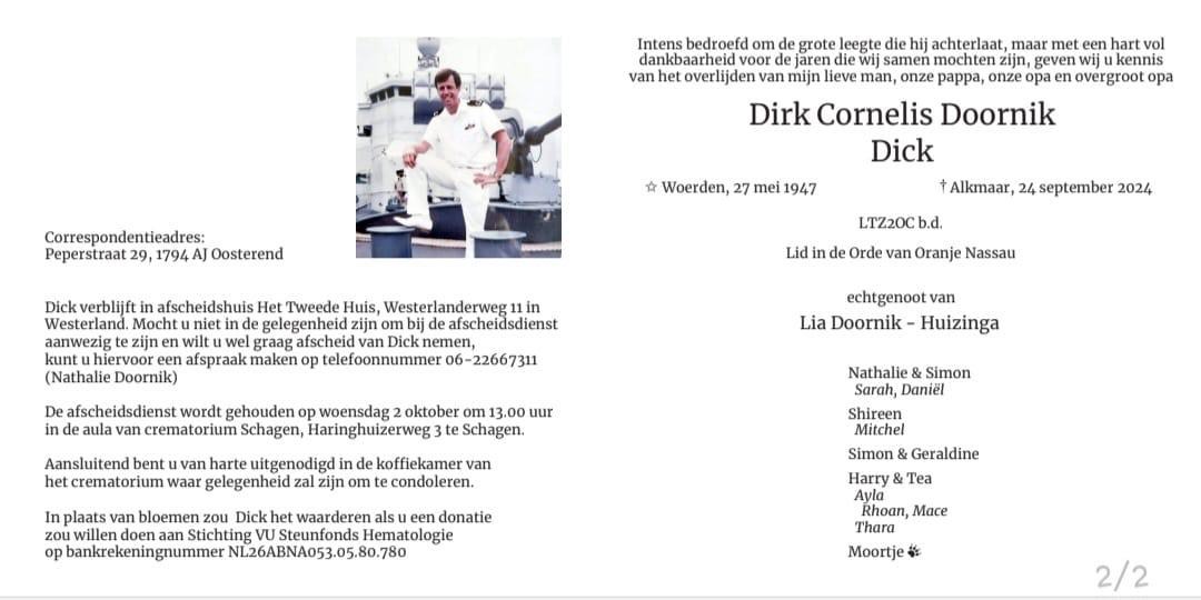 In Memoriam: Dirk Cornelis Doornik (Dick)